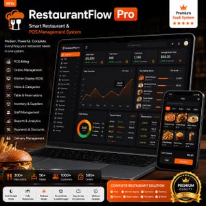 Puede incluir: Un ordenador portátil y un smartphone muestran el panel de control de RestaurantFlow Pro, un sistema de gestión de restaurantes y TPV. La interfaz oscura muestra datos de ventas, estado de pedidos y artículos del menú. El texto incluye RestaurantFlow Pro, Smart Restaurant & POS Management System y varias etiquetas de funciones como POS Billing, Orders Management y Kitchen Display.