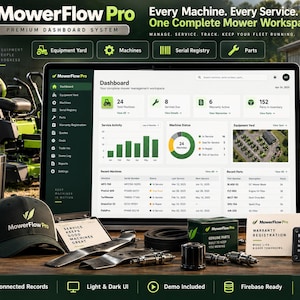 Könnte beinhalten: Ein MowerFlow Pro Dashboard-System auf einem Computerbildschirm mit einer Softwareoberfläche zur Rasenmäherverwaltung. Zu den umliegenden Objekten gehören eine Marken-Cap, ein Metallbecher, eine Garantiekarte, ein Typenschild und diverse Ersatzteile.
