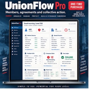 Puede incluir: Una pantalla de ordenador portátil que muestra la interfaz del panel de control UnionFlow Pro. El software incluye secciones para directorios de miembros y delegados, unidades empleadoras, reloj de quejas, libro de cuotas y casos recientes.