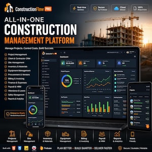 Peut inclure: Plateforme de gestion de construction tout-en-un ConstructionFlow PRO affichée sur un ordinateur portable, un smartphone et une tablette. L'interface sombre présente des tableaux de bord avec des graphiques de projet et des données financières.