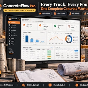 May include: A computer monitor displaying the ConcreteFlow Pro dashboard with data charts, truck metrics, and project logs. Beside it are a concrete slump cone, a 25' measuring tape, a concrete pour ticket, rolled blueprints, and steel rebar.