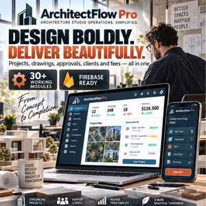 May include: A laptop and smartphone displaying the ArchitectFlow Pro software interface. The screen shows project dashboards, drawings, and revenue data. A mug with the text Good Design Builds Brighter Tomorrow sits on a desk with architectural plans.