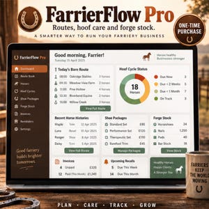 Può includere: Uno schermo di computer che mostra la dashboard del software FarrierFlow Pro, con un programma di percorsi, un grafico a torta sullo stato dei cicli degli zoccoli, cronologia dei cavalli, pacchetti di ferri, inventario e fatture per maniscalchi.