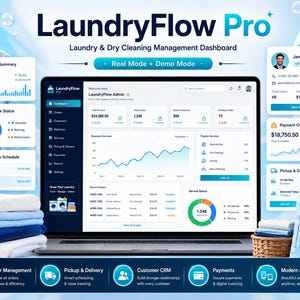 以下が含まれることがあります： LaundryFlow Proのダッシュボードを表示したノートパソコン。ランドリーおよびドライクリーニング管理用のインターフェースで、画面には収益グラフ、注文概要、顧客プロファイルが表示されています。ノートパソコンの周囲には洗濯物が配置されています。