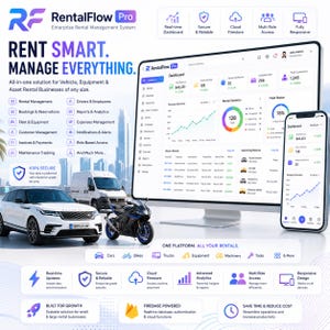 Puede incluir: Software de sistema de gestión de alquiler empresarial RentalFlow Pro mostrado en un monitor de computadora y pantalla de teléfono inteligente, con un panel de control con análisis, un coche blanco, una furgoneta blanca y una moto negra.