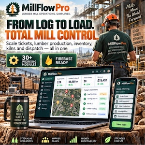 以下が含まれることがあります： MillFlow Proソフトウェアのプロモーション画像。製材所運営用ダッシュボードを表示したノートパソコンとスマートフォン。Mills Make A Brighter Tomorrowと書かれたダークグリーンのトラベルマグが、丸太の上に置かれています。