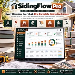 May include: A laptop displaying the SidingFlow Pro dashboard, a project management software for siding contractors. The screen shows project metrics, a pipeline chart, and a list of recent projects. The interface includes icons for site surveys, elevation sketches, and material takeoffs.