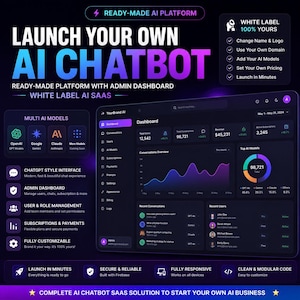 May include: A digital marketing graphic for a white label AI chatbot platform. The image displays a dark-themed admin dashboard interface with charts, user data, and AI model icons. Text includes Launch Your Own AI Chatbot and White Label AI SaaS.