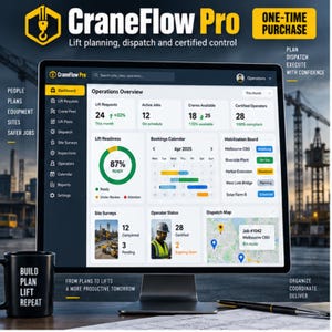 May include: A computer monitor displaying the CraneFlow Pro software dashboard with an operations overview, lift readiness metrics, a bookings calendar, and a dispatch map. A black mug with the text BUILD PLAN LIFT REPEAT sits next to the monitor.