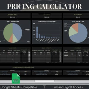 May include: A digital pricing calculator dashboard displayed on a laptop screen. The interface features a title, pie charts, bar graphs, and tables detailing selling price, net price, real profit, labor costs, equipment costs, and other expenses.