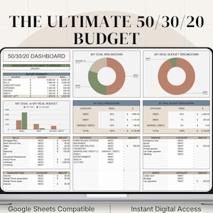 May include: A digital 50/30/20 budget dashboard displayed on a laptop screen. The interface includes a budget summary table, pie charts for goal and real budget breakdowns, a bar graph comparing goals to real spending, and detailed lists for bills, expenses, savings, and debts.