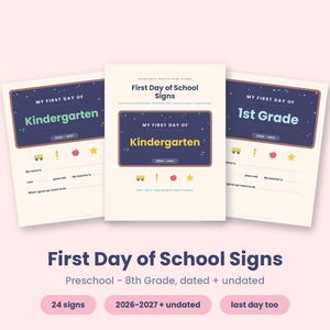 May include: A set of printable First Day of School signs featuring a dark blue rectangular centre with colourful text and icons including a school bus, pencil, apple, and star. The signs include fill-in-the-blank lines for name, age, teacher, and future career.