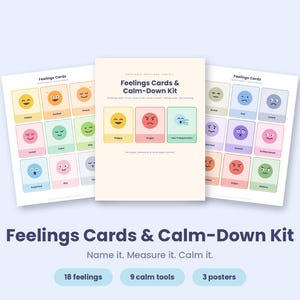 May include: A printable feelings cards and calm-down kit featuring three pages of colourful square icons with facial expressions. The central page displays the title Feelings Cards & Calm-Down Kit with three example icons labelled happy, angry, and take a deep breath.