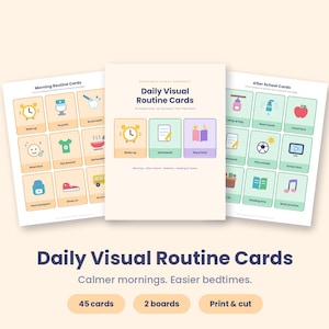 May include: A set of printable daily visual routine cards featuring three pages of colorful icons. The central page is titled Daily Visual Routine Cards, while the side pages show Morning Routine Cards and After School Cards with various tasks.