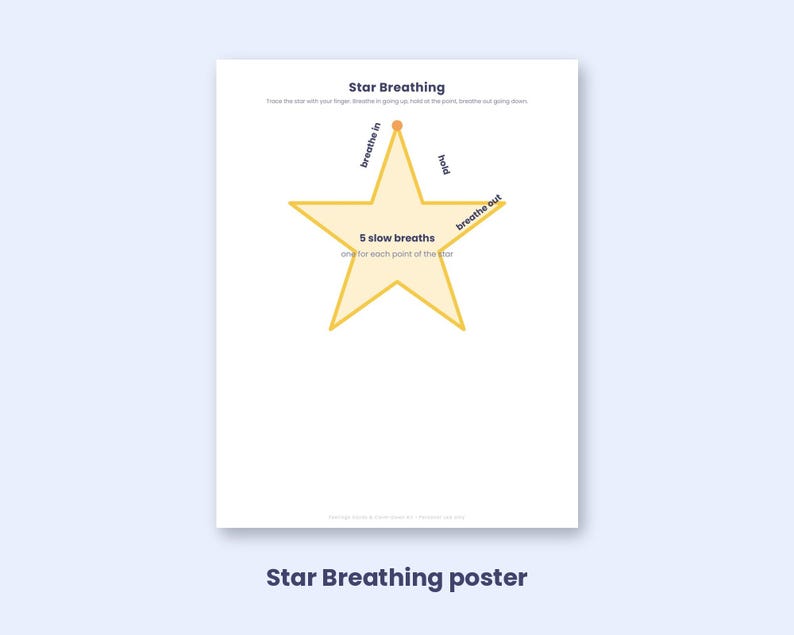 May include: A white educational poster titled Star Breathing featuring a large yellow star with a central orange dot. Text instructions guide the user to trace the star with a finger, including the phrases breathe in, hold, breathe out, and 5 slow breaths.