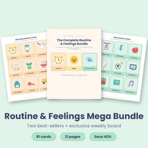 May include: A Routine & Feelings Mega Bundle featuring three printed sheets with colourful icons and text. The central sheet is titled The Complete Routine & Feelings Bundle, flanked by Morning Routine Cards and After School Cards with various daily tasks.