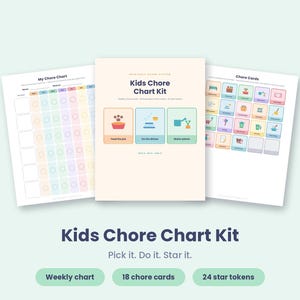 May include: A Kids Chore Chart Kit featuring a central cover page with the title Kids Chore Chart Kit, a weekly chore chart with colourful columns and circular spaces, and a sheet of chore cards with various task icons and labels in pastel colours.