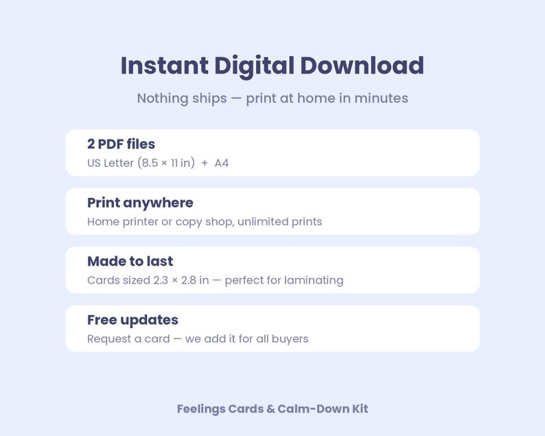 May include: An informational graphic for an instant digital download of a Feelings Cards & Calm-Down Kit. It lists 2 PDF files in US Letter 8.5 x 11 inches and A4 sizes, printing options, card dimensions of 2.3 x 2.8 inches, and free updates.