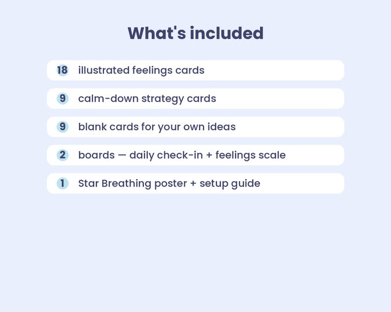 May include: A light blue informational graphic titled What's included, listing 18 illustrated feelings cards, 9 calm-down strategy cards, 9 blank cards, 2 boards for daily check-in and feelings scale, and 1 Star Breathing poster with a setup guide.