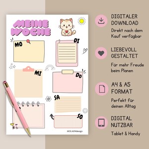 Op de afbeelding: Een weekplanner met de titel MEINE WOCHE, voorzien van illustraties van een cartoonkat, zon en regenboog. Het bevat zeven gelabelde vakken voor de dagen van de week, inclusief gelinieerde en lege ruimtes, en een roze pen aan de linkerkant.