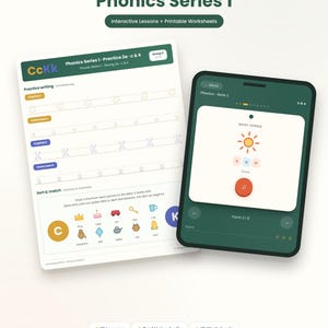 Könnte beinhalten: Ein Phonics Series 1 Lernset mit einem ausdruckbaren Arbeitsblatt zum Üben der Buchstaben C und K sowie einem Tablet, das eine interaktive Lektion mit einer Sonnengrafik, Audio-Button und Wortbildungsübungen für Kinder von 4-7 Jahren zeigt.