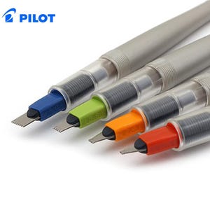 May include: Four Pilot brand calligraphy pens with silver barrels and clear sections. Each pen features a distinct colored plastic nib holder in blue, lime green, orange, and red, with flat metal nibs of varying widths for lettering.
