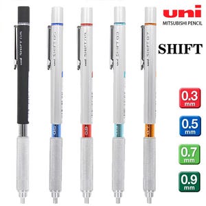 May include: Five Uni Mitsubishi Pencil Shift mechanical pencils with silver metal knurled grips and pocket clips. The barrels are black or silver with colored accents indicating lead sizes of 0.3 mm, 0.5 mm, 0.7 mm, and 0.9 mm, displayed with matching color-coded square icons.