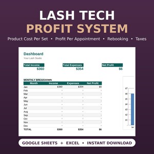 Lash Tech Profit Spreadsheet, Appointment Calculator, Bookkeeping Template (Google Sheets Excel)