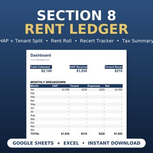 Puede incluir: Una plantilla digital de registro de alquileres de la Sección 8 para Google Sheets y Excel. El documento incluye un panel con un desglose mensual de HAP, pagos de inquilinos, gastos e ingresos netos, además de un registro de alquileres y resumen fiscal.