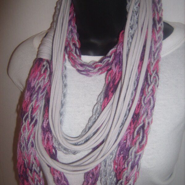 NEW Upcycled Pink and Gray T-Shirt Scarf & Acrylic Yarn Scarf Necklace