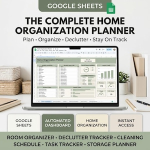 May include: A laptop screen displaying a Google Sheets home organisation planner with a dashboard featuring room-by-room tasks, decluttering progress charts, cleaning schedules, and priority task lists in a sage green and cream colour scheme.