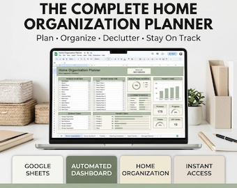May include: A laptop screen displaying a Google Sheets home organization planner with a dashboard featuring room-by-room tasks, decluttering progress charts, cleaning schedules, and priority task lists in a sage green and cream color scheme.