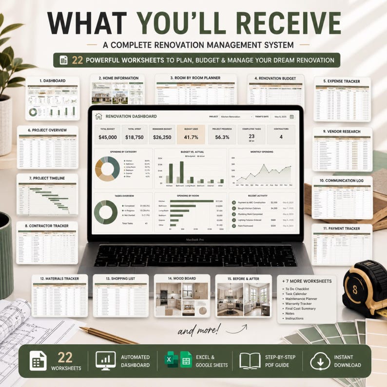 Home Renovation Planner | Renovation Budget Tracker | Google Sheets Template | Home Remodel Project Organizer | Renovation Checklist image 2