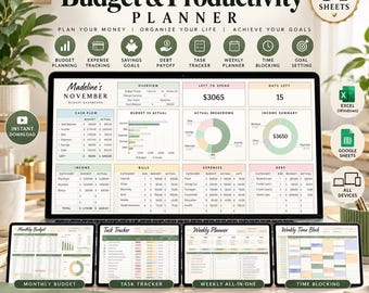 May include: An all-in-one budget and productivity planner digital template displayed on a laptop screen and four smaller tablets. The dashboard features sections for cash flow, budget versus actual, income summary, and debt tracking with 34 sheets.