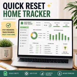 May include: A laptop screen displays the Quick Reset Home Tracker dashboard with a green and white interface, featuring a pie chart, bar graphs, and task lists. A potted plant with a label reading Focus Plan Reset Repeat sits next to the laptop.