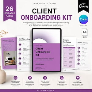 Peut inclure: Un kit d'intégration client numérique comprenant 26 pages A4 modifiables dans une palette de couleurs violet et blanc. Le design inclut des sections pour le flux de travail, les services et les calendriers, entièrement modifiables sur Canva.