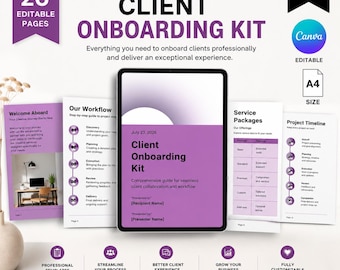 May include: A digital client onboarding kit template featuring 26 editable A4 pages in a purple and white color scheme. The design includes sections for workflow, service packages, and project timelines, all fully customizable within Canva.