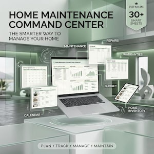 May include: A digital home maintenance command centre displayed on a laptop and tablet screens. The interface includes text labels for repairs, maintenance, warranties, budget, calendar, and home inventory, with 30+ smart sheets for home management.