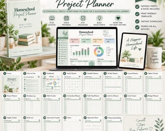 May include: A digital homeschool project planner set featuring 22 sheets, including a cover, dashboard, and various trackers for lessons, reading, habits, curriculum, field trips, activities, goals, budgets, supplies, books, assessments, notes, and dates.