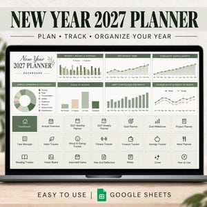 Puede incluir: Un panel de control digital para el planificador del Año Nuevo 2027 en la pantalla de una computadora portátil. La interfaz muestra varios gráficos, seguimiento de ingresos, gastos, hábitos y botones de navegación.