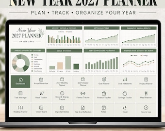 May include: A digital New Year 2027 planner dashboard displayed on a laptop screen. The interface features various charts, including monthly income versus expenses, savings trends, and habit trackers, alongside a grid of navigation buttons.