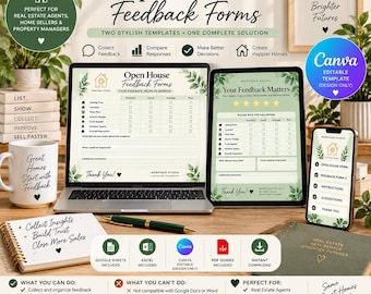 May include: Open House Feedback Forms digital templates displayed on a laptop, tablet, and smartphone. The design features green botanical accents, rating grids, and text including "Your Feedback Matters" and "Better Homes Brighter Futures."