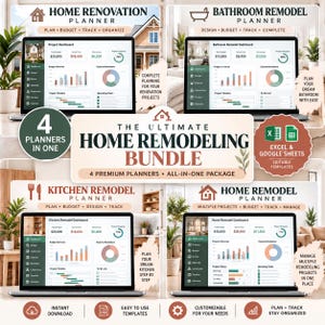 May include: A digital home remodeling bundle featuring four planners for home, bathroom, kitchen, and general renovation projects. The interface displays project dashboards with budget tracking, expense breakdowns, and timelines compatible with Excel and Google Sheets.