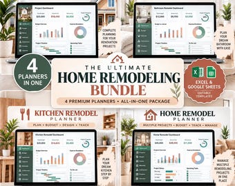 May include: A digital home remodeling bundle featuring four planners for home, bathroom, kitchen, and general renovation projects. The interface displays project dashboards with budget tracking, expense breakdowns, and timelines compatible with Excel and Google Sheets.