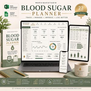May include: A digital blood sugar planner displayed on a laptop, tablet, and smartphone, featuring a dashboard with glucose trends, charts, and logs. Includes a physical planner book, a spiral notebook with a gold pen, and a mug with text.