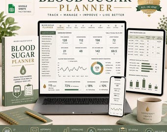 May include: A digital blood sugar planner displayed on a laptop, tablet, and smartphone, featuring a dashboard with glucose trends, charts, and logs. Includes a physical planner book, a spiral notebook with a gold pen, and a mug with text.