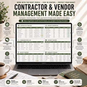 May include: A digital contractor and vendor management spreadsheet displayed on a laptop screen. The interface includes sections for contractor tracking, vendor comparison, communication logs, payment tracking, invoice tracking, and warranty tracking.