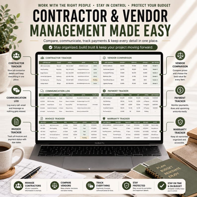 May include: A digital contractor and vendor management spreadsheet displayed on a laptop screen. The interface includes sections for contractor tracking, vendor comparison, communication logs, payment tracking, invoice tracking, and warranty tracking.