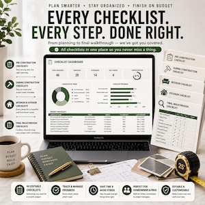 May include: A laptop displaying a checklist dashboard with project progress charts, surrounded by a notebook labeled Plan Budget Renovate Enjoy, a coffee mug, a 25-foot measuring tape, and printed checklists for construction and home renovation.