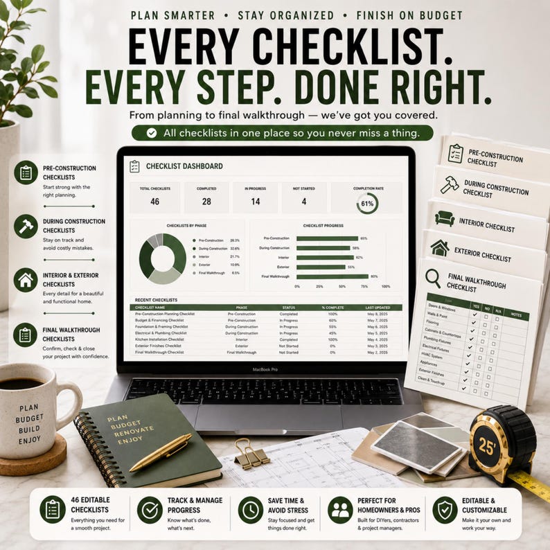 May include: A laptop displaying a checklist dashboard with project progress charts, surrounded by a notebook labeled Plan Budget Renovate Enjoy, a coffee mug, a 25-foot measuring tape, and printed checklists for construction and home renovation.